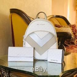 Nwt Michael Kors Signature Medium Striped Abbey Backpack/wallet/set White